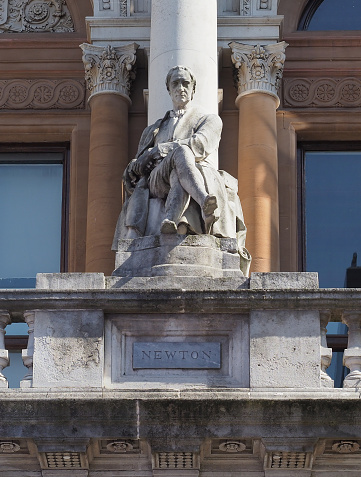 London, UK - June 07, 2023: Isaac Newton statue at the Royal Academy of Arts by sculptor Sir James Pennethorne circa 1870