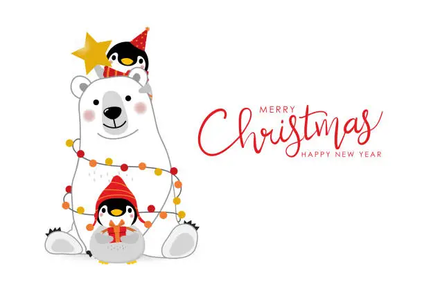 Vector illustration of Merry Christmas greeting card with cute polar bear and baby penguins. Arctic animal in winter costume cartoon character. -Vector