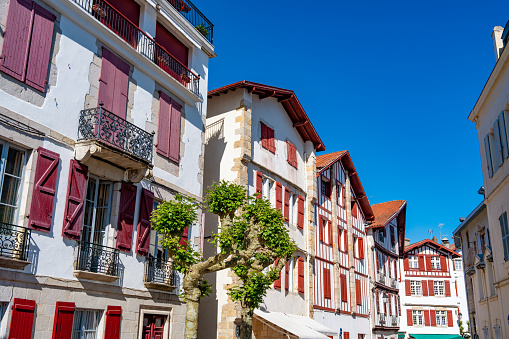 Saint Jean de Luz facades in New Aquitaine, Atlantic Pyrenees in French Basque Country of France