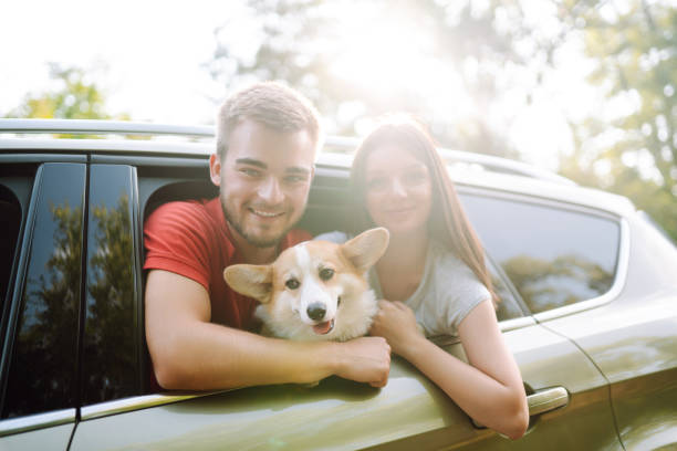 istock Young couple together with their beloved pet on a walk 1506764224