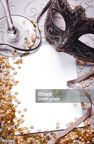 Party Still Life With Blank Paper Stock Photo - Download Image Now - Costume, Evening Ball, Mask - Disguise