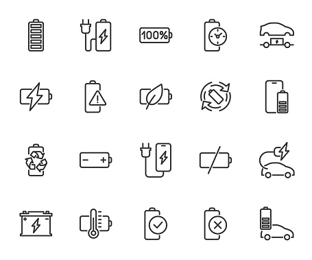 Vector set of battery line icons. Contains icons battery charging, accumulator, battery life time, recycle, electric charge station, phone charging and more. Pixel perfect.