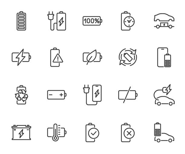 Vector set of battery line icons. Contains icons battery charging, accumulator, battery life time, recycle, electric charge station, phone charging and more. Pixel perfect. Vector set of battery line icons. Contains icons battery charging, accumulator, battery life time, recycle, electric charge station, phone charging and more. Pixel perfect. phone charger stock illustrations