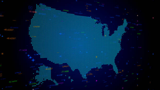 istock Futuristic Blue Colorful Shiny Digital Technology Hud Dots Mosaic Grid United States of America Map Perspective View With Numeric Tech Particles 1506799980