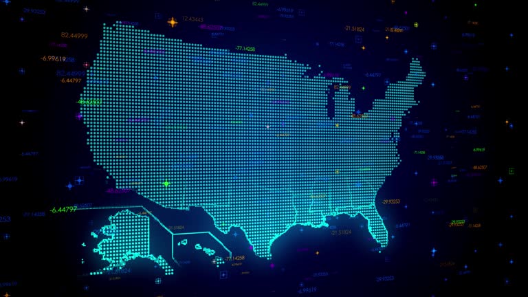 Futuristic Motion View Blue Colorful Shiny Digital Technology Hud Dots Mosaic Grid United States of America Map Light Scanning With Numeric Tech Particles