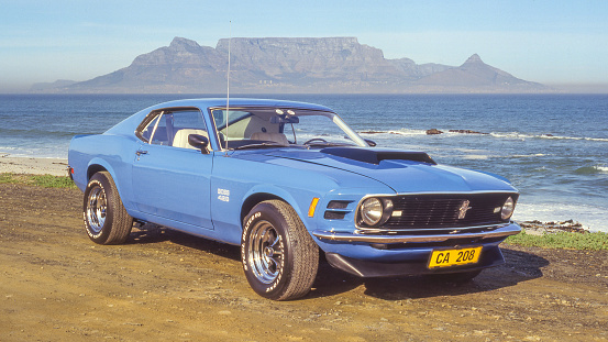 Cape Town, South Africa - April 16, 2023: The Boss 429 Mustang is a high-performance Ford Mustang variant that was offered by Ford in 1969 and 1970. This example was photographed in Cape Town, South Africa, with Table Mountain in the background.