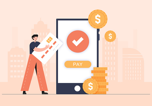 Mobile Payment Flat Design Vector Illustration. A young man, a credit card, a smart phone, coins and other design elements isolated on a cityscape background.