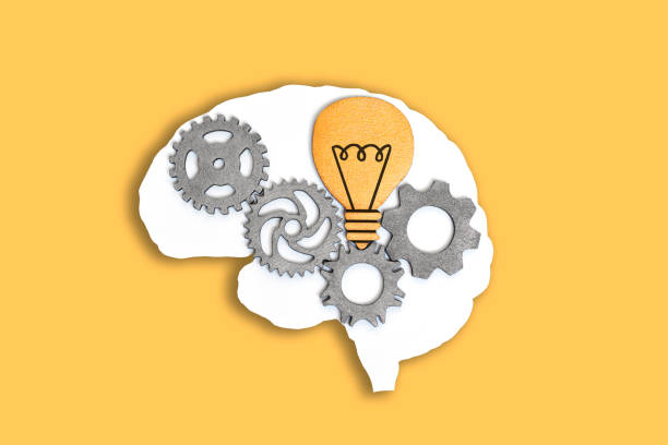Human Brain with Gears and Lightbulb on Yellow