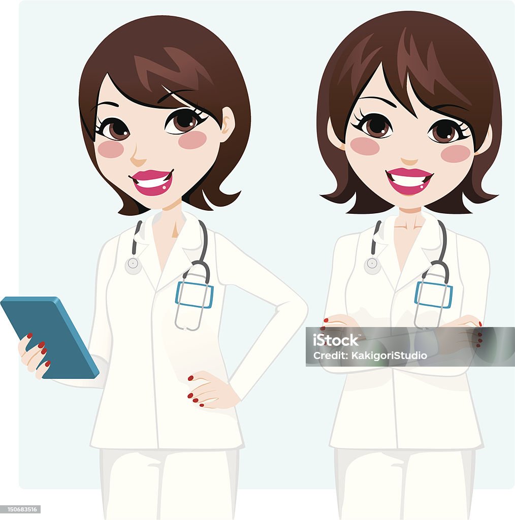 Professional Doctor Woman Illustration of pretty professional doctor woman holding tablet device and with arms crossed. Adult stock vector