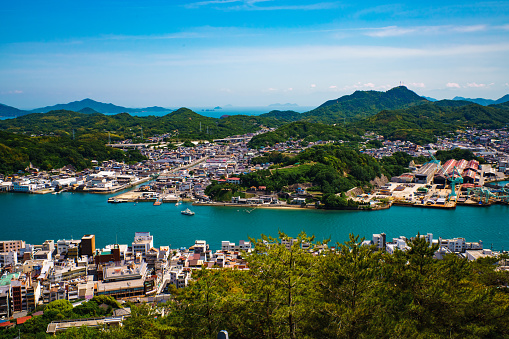 A spectacular view of Onomichi, Hiroshima Prefecture, overlooking the harbor from the ropeway.