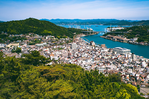 A spectacular view of Onomichi, Hiroshima Prefecture, overlooking the harbor from the ropeway.