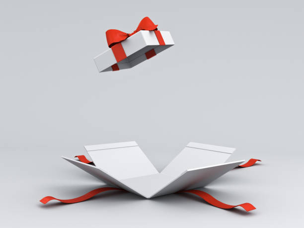 istock Open white present box or gift box with red ribbons and bow isolated on white grey background with shadow minimal conceptual 3D rendering 1506852611