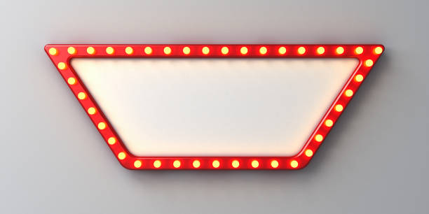 istock Retro white billboard sign or blank signboard with glowing yellow orange neon light bulbs isolated on dark white grey wall background with shadow 3D rendering 1506852630