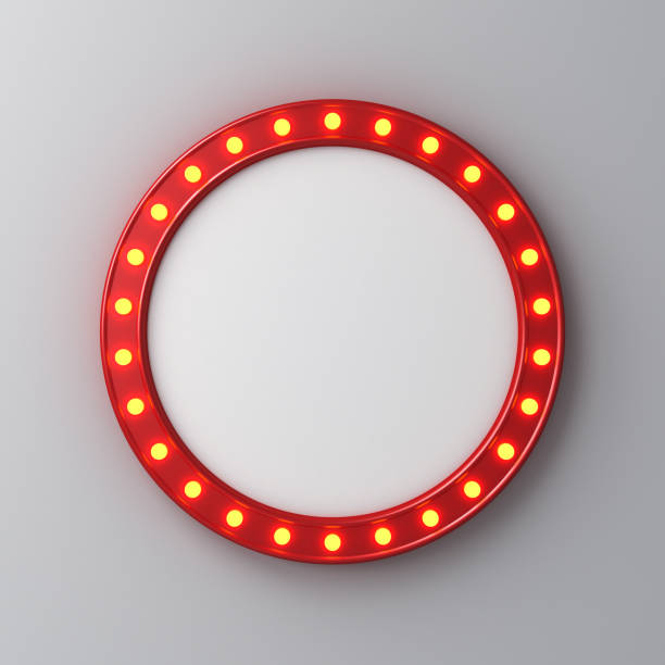 istock Blank round retro signage board or blank shining signboard with glowing yellow neon light bulbs isolated on white grey wall background with shadow 3D rendering 1506852647