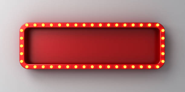 istock Long retro billboard display box or blank long red signboard with glowing yellow neon light bulbs isolated on dark white wall background with shadow 3D rendering 1506852655