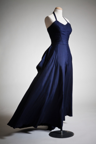 Vintage 40s blue, sleeveless evening gown with beading detail on the bodice.