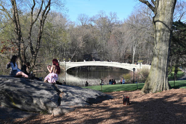 New York, USA, April 10, 2023 - The Bow Bridge crossing over the Lake in Central Park, New York City.
