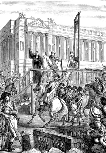An engraved illustration showing the execution by guillotine of King Louis XVI during the French Revolution  from a Victorian book dated 1883 that is no longer in copyright