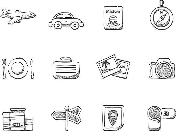 ilustraciones, imágenes clip art, dibujos animados e iconos de stock de sketch icons-viajes - flying vacations doodle symbol