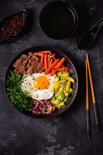 istock Traditional Korean dish Bibimbap: rice with vegetables beef and egg. 1506861348