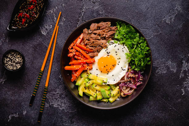 istock Traditional Korean dish Bibimbap: rice with vegetables beef and egg. 1506861349