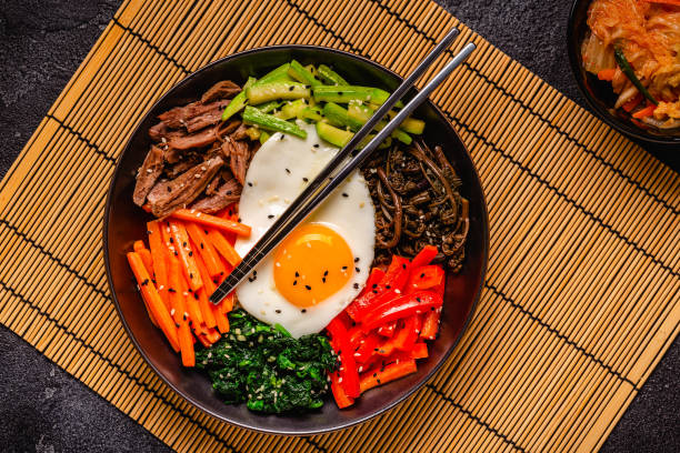 Traditional Korean dish Bibimbap: rice with vegetables beef and egg.