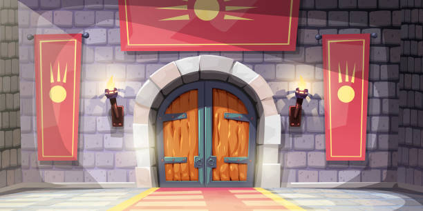 a medival castle hall with light beam illustration of medieval room front view on wooden massive doors with subn light beam fantasy castle interior stock illustrations