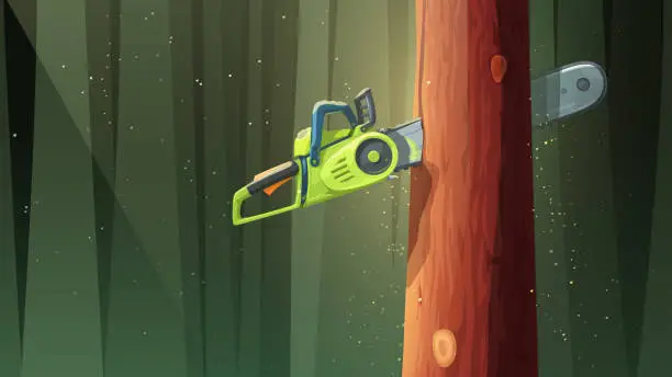 Vector illustration of green chain saw stuck in a tree