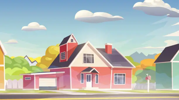 Vector illustration of cartoon red house at morning in suburb