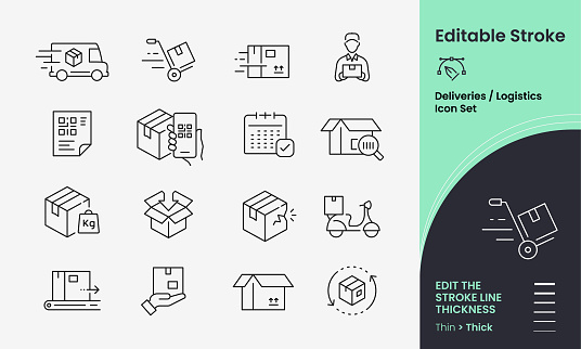 Logistics Delivery Icon collection containing 16 editable stroke icons. Perfect for logos, stats and infographics. Edit the thickness of the line in any vector capable app.