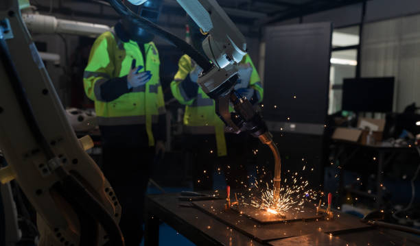 istock Male engineer working control robot arm system welding with welding protective mask at production plant factory. Workers control robot arm system welding at steel welding plants 1506890541