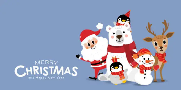 Vector illustration of Merry Christmas and happy new year 2024 greeting card with cute Santa Claus, snowman, bear, penguin and deer. Holiday cartoon character in winter season. -Vector