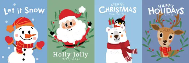 Vector illustration of Merry Christmas and happy new year 2024 greeting card with cute Santa Claus, snowman, bear, penguin and deer. Holiday cartoon character in winter season. -Vector