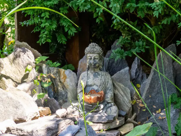 Photo of statue of buddha in the temple japan garden