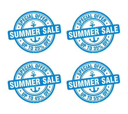 Summer sale blue grunge stamp set. Special offer up to 20, 30, 40, 50 percent off. Vector illustration