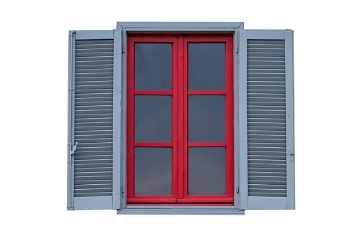 traditional red windows with grey shutters, europe, isolated, white background
