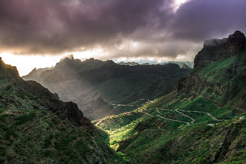 Scenery valley in Canary islands. Nature landscape. Travel adventures and outdoor lifestyle. Masca valley. Scenic mountain landscape. Panorama in Tenerife. High quality photo