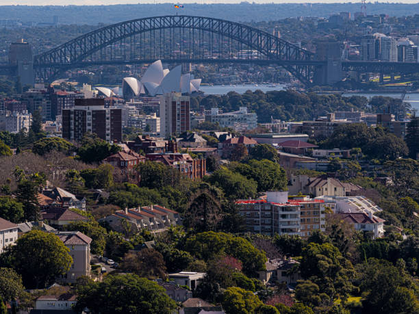 Panorama of Sydney‘s bondi cityscape Sydney Australia is famous for its attractions, the Sydney Opera House and Harbour Bridge, and in the foreground is the very comfortable residential community of woollahra. bondi junction stock pictures, royalty-free photos & images