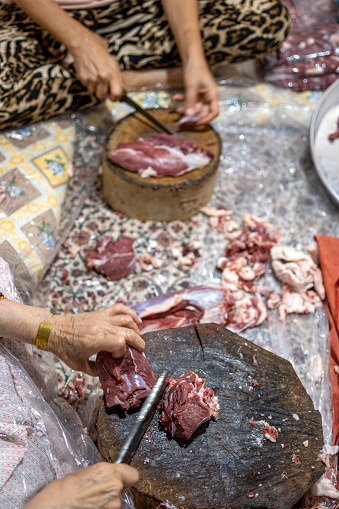 Senior woman and young woman cutting steak