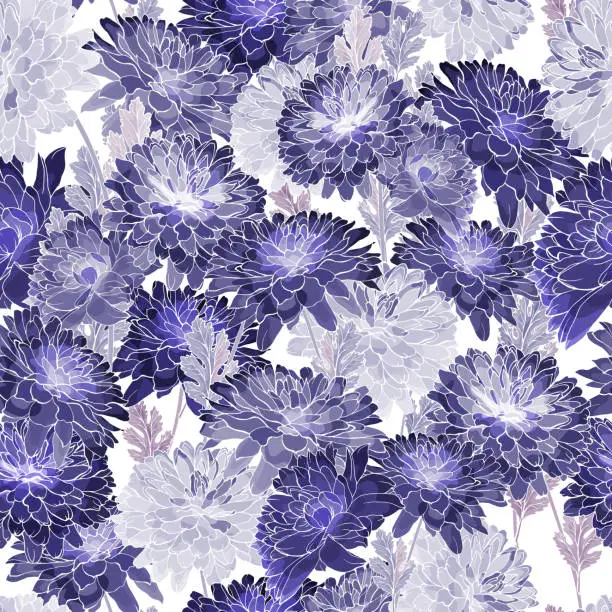 Vector illustration of Purple seamless floral pattern with monochrome flowers chrysanthemum