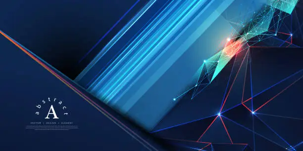 Vector illustration of 3D modern luxury template design blue triangles and network stripes line light sparking on dark background