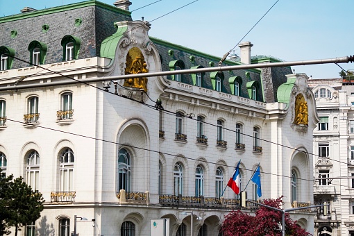 April, 2019 - Vienna, Austria: French flags in front of the French Embassy