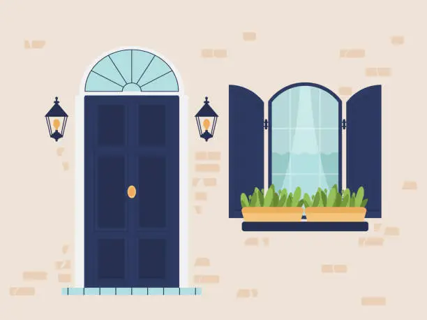 Vector illustration of House architecture - vintage front door and window with shutters.