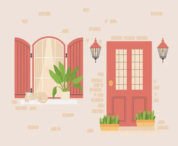 Vector illustration of Vintage front door and window with shutters. House exterior