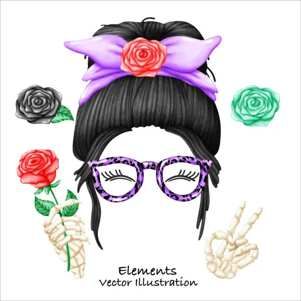 Vector illustration of Skull Messy Bun Black Hair Element Watercolor Vector File ,Clipart Cute cartoon style For banner, poster, card, t shirt, sticker