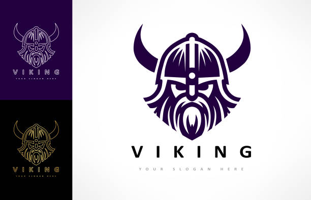 illustrations, cliparts, dessins animés et icônes de design viking. illustration de guerrier nordique. symbole norseman à cornes. tête d’homme barbare avec casque en corne et barbe. symbole des marins scandinaves. - viking mascot warrior pirate