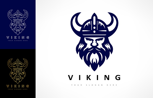 Viking design. Nordic warrior illustration. Horned Norseman symbol. Barbarian man head with horn helmet and beard. Scandinavian sailors symbol.
