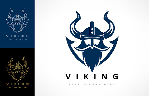 Viking design. Nordic warrior illustration. Horned Norseman symbol. Barbarian man head with horn helmet and beard. Scandinavian sailors symbol.