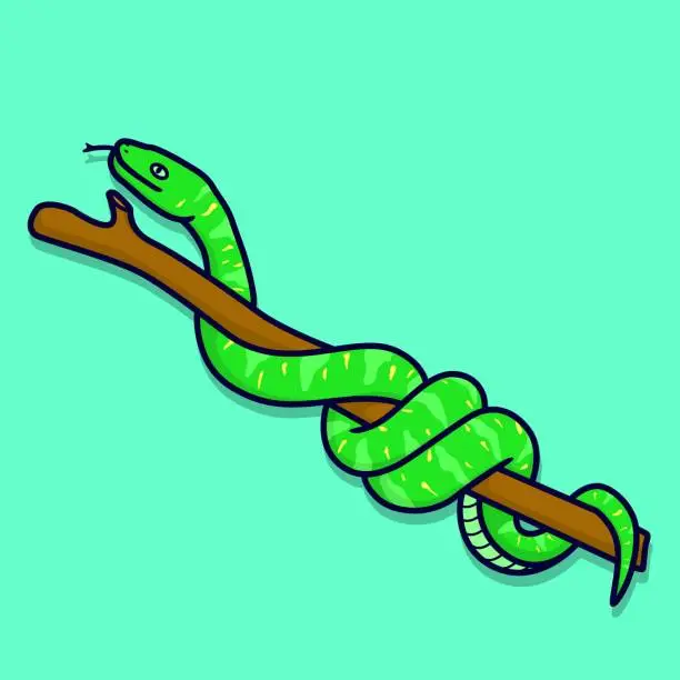 Vector illustration of vector illustration of a snake coiled on a tree trunk with a cartoon concept for kids. suitable as icon, sticker, wallpaper, etc.