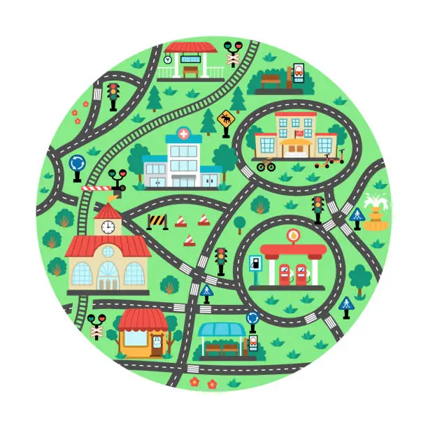 Vector illustration of City transport map. Round shaped background with railway, roads, traffic signs for kids. Vector road trip playing mat for kids. Urban plan with school, railway station, bus stop, gas station, cafe, hospital